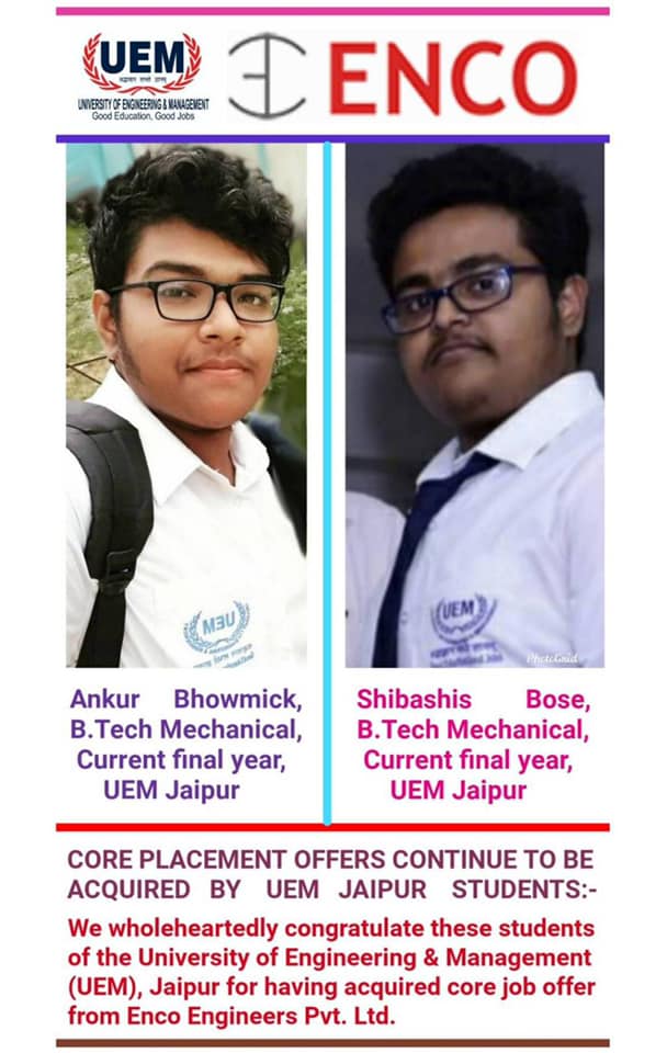  CORE JOB OFFERS CONTINUES TO BE ACQUIRED BY THE STUDENTS OF UEM JAIPUR