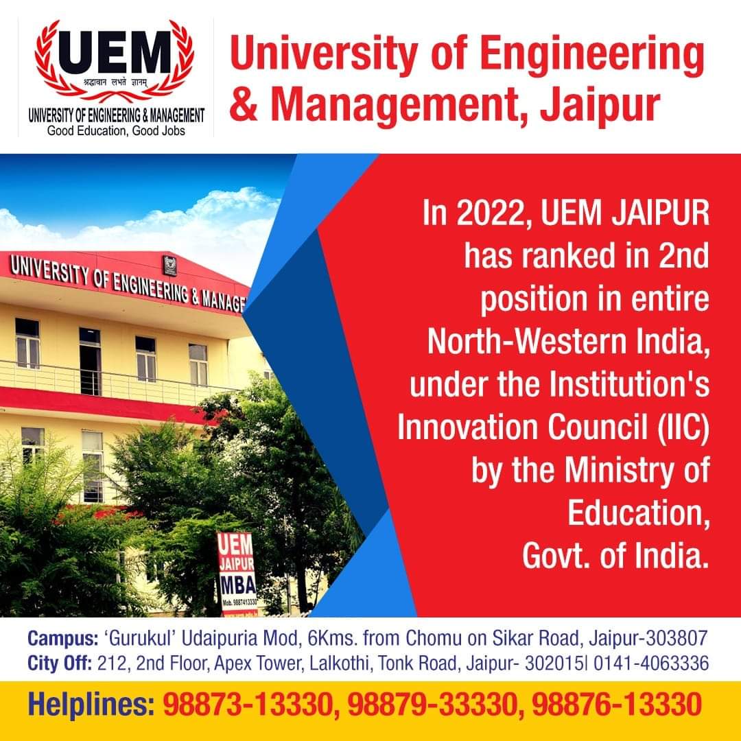 In 2022, UEM JAIPUR has ranked in 2nd position in entire North-Western India