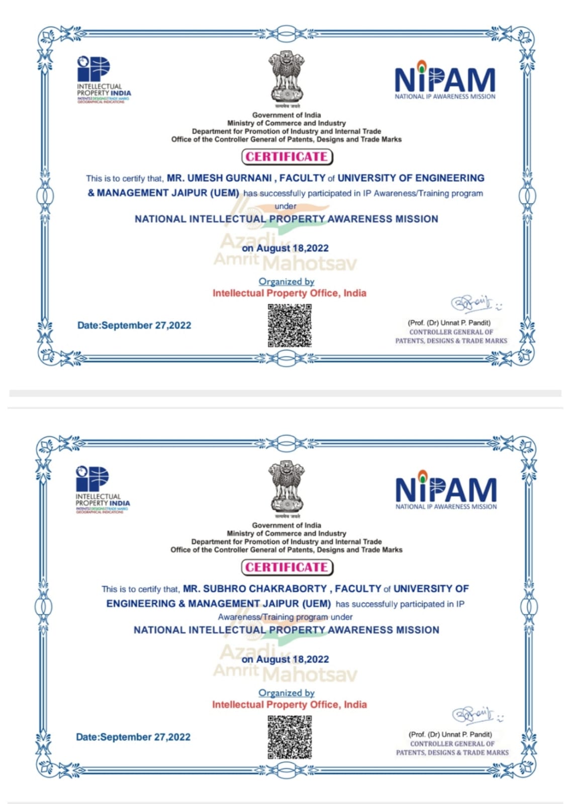 National Intellectual Property Awareness Mission (NIPAM) at the University of Engineering & Management (UEM), JAIPUR