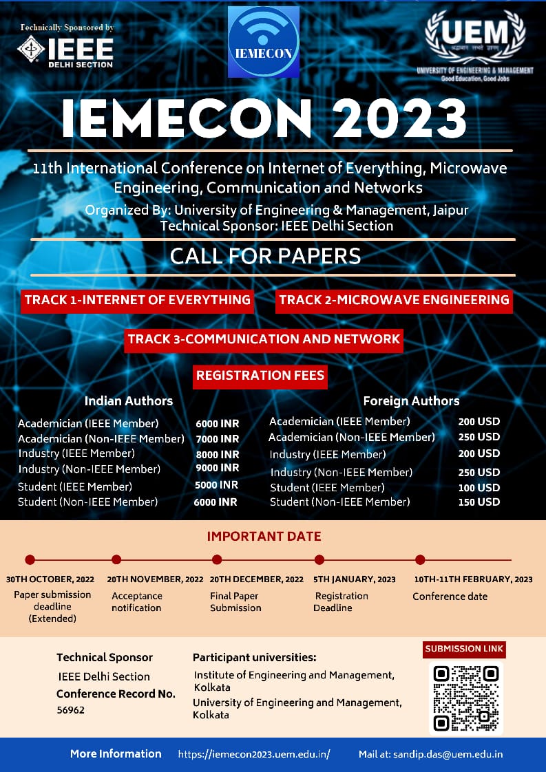11th International Conference on Internet of Everything, Microwave Engineering, Communication and Networks (IEMECON 2023) being organized by the University of Engineering & Management (UEM), JAIPUR