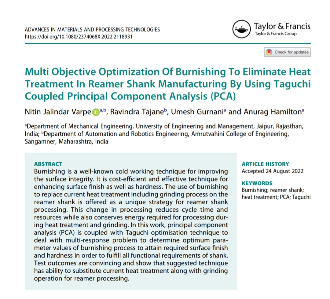 Next work of Mr Nitin Verpe, Research Scholar, UEM, JAIPUR is published in ESCI/Scopus indexed Research paper on topic Multi Objective Optimization of Burnishing To Eliminate Heat Treatment In Reamer Shank Manufacturing By Using Taguchi Coupled Principal Component Analysis (PCA)