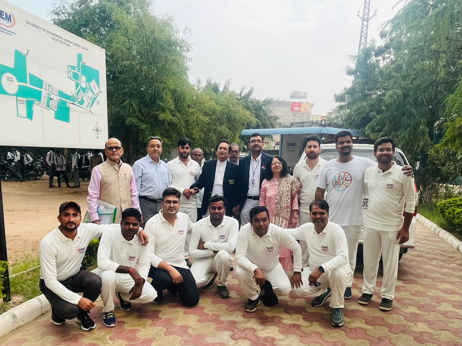 Faculty cricket team of the University of Engineering & Management (UEM), JAIPUR with Prof. Dr. Satyajit Chakrabarti, our Hon'ble Chancellor Sir, and other members of the Board of Management.