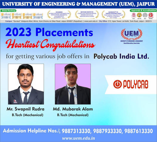 Heartiest Congratulations Swapnil Rudra (B.Tech Mechanical), Md. Mubarak Alam (B.Tech Mechanical), students of the University of Engineering & Management (UEM), JAIPUR for having acquired job offer in Polycab India Ltd.