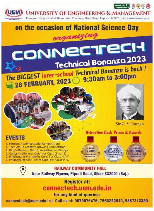 University of Engineering & Management (UEM) is organizing the largest Inter-school Technical Bonanza on 28th February 2023 at Railway Community Hall, Near Railway Flyover, Piprali Road, Sikar-332001 (Raj.)