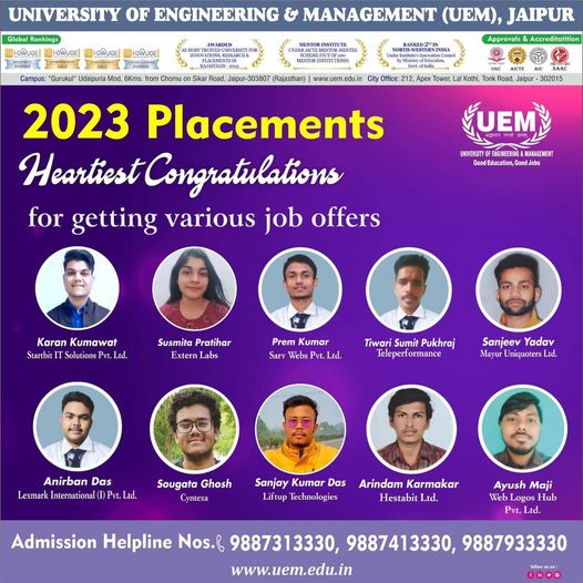 Heartiest congratulations to the students of the University of Engineering & Management (UEM), JAIPUR 2023 passing out batch, for having acquired wonderful job offers. In 2022, students had acquired wonderful job offers too at UEM JAIPUR.