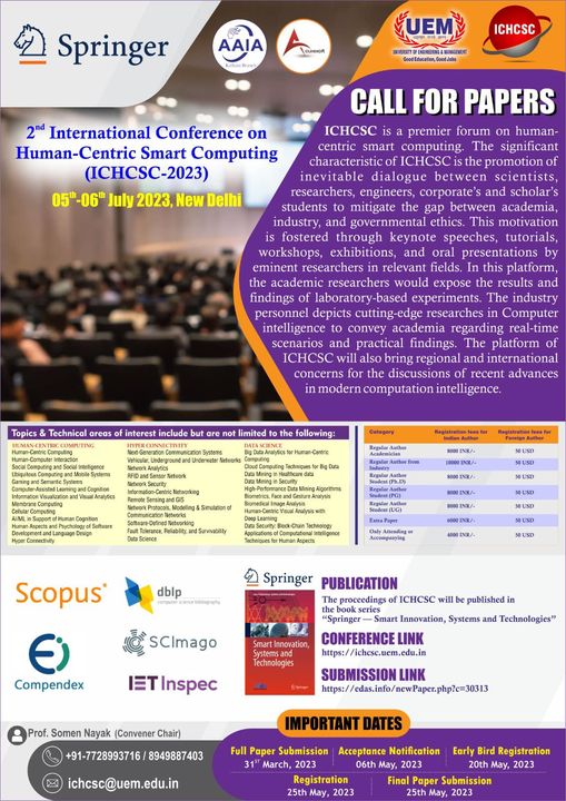 2nd International Conference on Human-Centric Smart Computing (ICHCSC 2023) being organized by the University of Engineering & Management (UEM). JAIPUR.