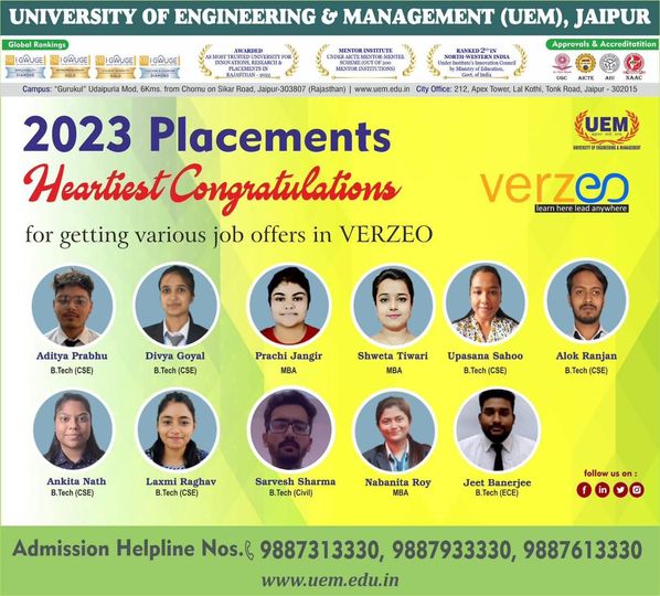 Heartiest congratulations to the students of the University of Engineering & Management (UEM), JAIPUR 2023 passing out batch, for having acquired wonderful job offers. In 2022, students had acquired wonderful job offers too at UEM JAIPUR.
