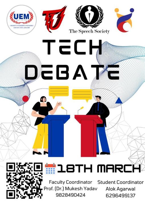 TechUtopia - the Technical Festival at the University of Engineering & Management (UEM), JAIPUR presents TECH DEBATE - War of Words and Battle of Minds. Participate in this unique and exciting 4-round Debate Competition organised by The Speech Society, UEM J.