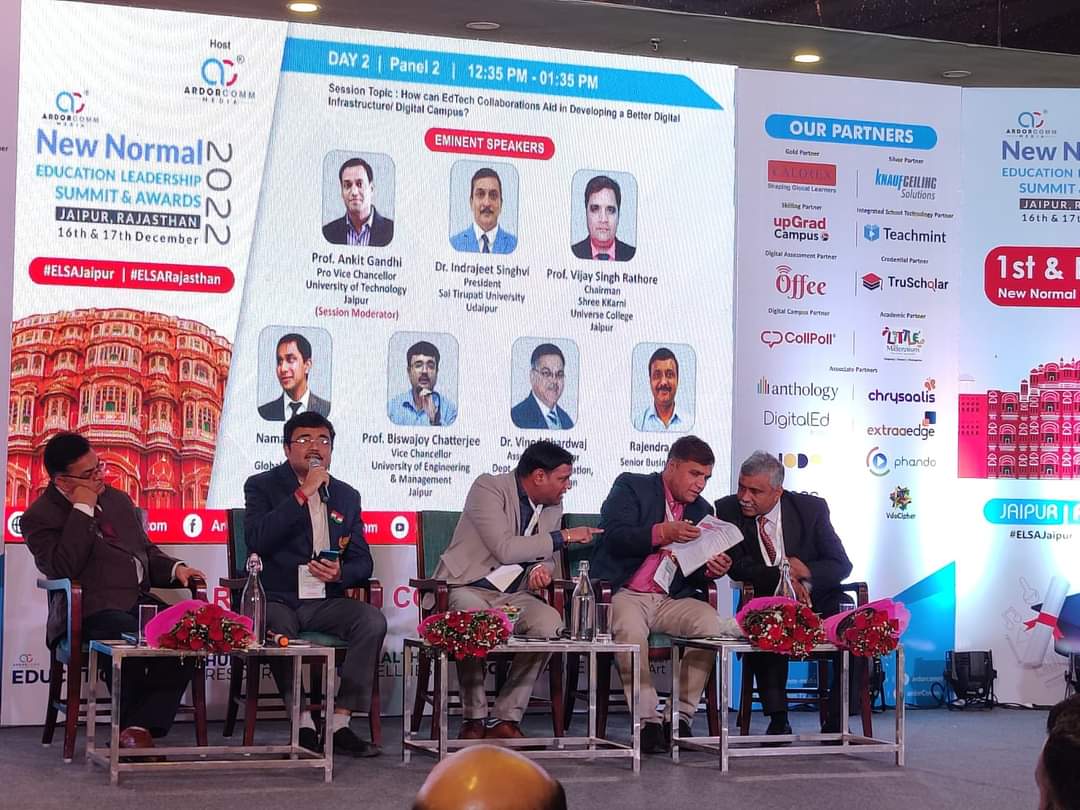 Prof. Dr. Biswajoy Chatterjee, Vice-Chancellor, University of Engineering & Management (UEM), JAIPUR was one of the eminent panelists in the "ArdorComm New Normal Education Leadership Summit" held in Jaipur, Rajasthan on 17th Dec 2022.