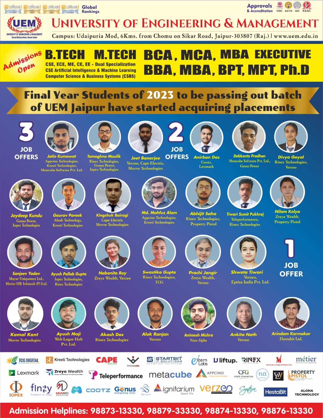 Heartiest congratulations to the students of the University of Engineering & Management (UEM), JAIPUR 2023 passing out batch, for having acquired wonderful job offers.