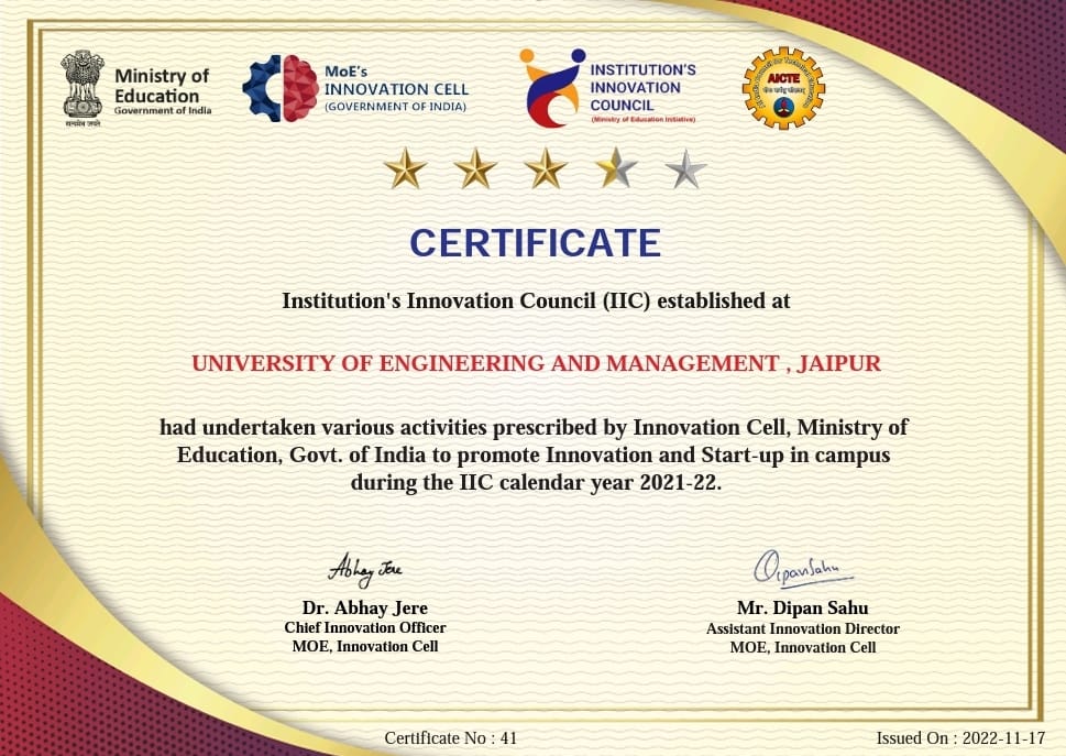University of Engineering & Management (UEM), Jaipur has done again excellently in the Institution's Innovation Council (IIC) of MIC, Ministry of Education (MoE), Government of India and received overall 3.5 stars for the activities performed during 2021-22. UEM Jaipur is amongst the top 5 institutions of the region again.
