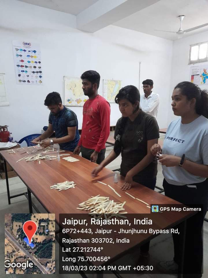 Event Name – Popsicles Stick Bridge Loading, University of Engineering & Management (UEM), JAIPUR.  On 18th-March- 2023, Students of Civil Engineering Department have organized the Popsicles Stick bridge Loading Event.