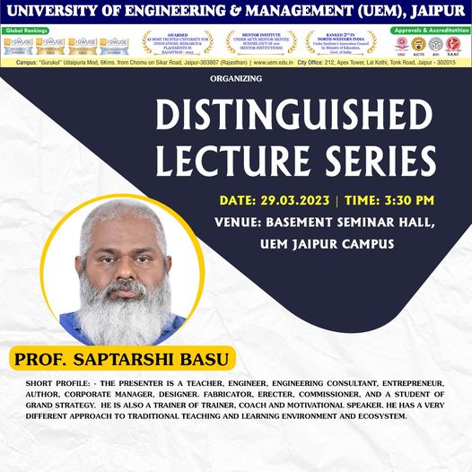 Prof. Saptarshi Basu visited the Innovation lab of UEM Jaipur today and interacted with Mr. Shopan Dey, Mr. Afaq Ahmed and Mr. Sougata Banerjee. He was very much impressed by the quality of the innovative projects and suggested few points for further improvements and connecting with industries.