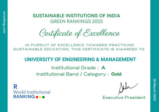Congratulations to all family members of UEM Jaipur University of Engineering & Management (UEM) Jaipur has been rated as a Sustainable Institutions of India by R. World Institutional Ranking within the Gold Band (A Grade)