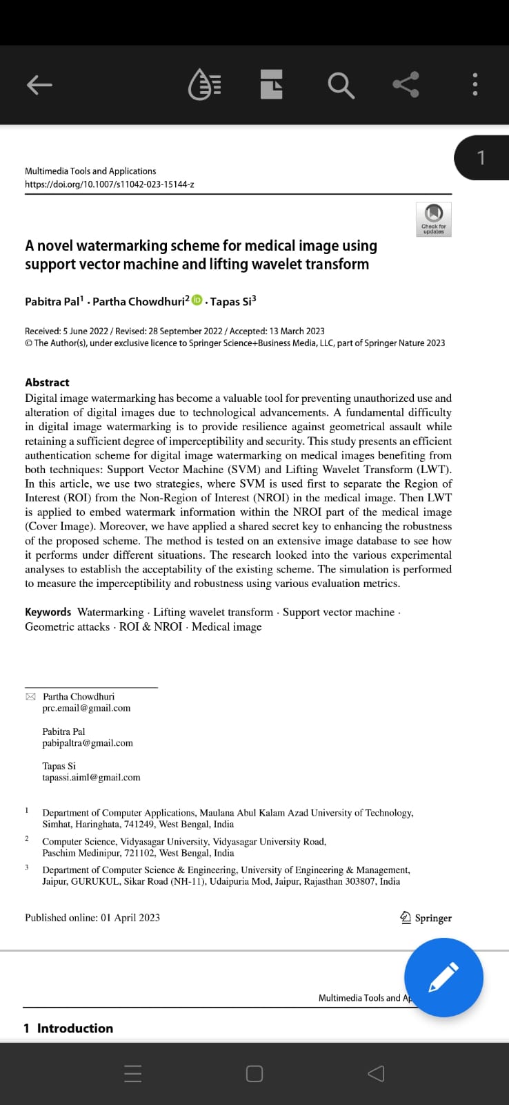 Next work of Dr. Tapas Si, Dept. of CSE, University of Engineering & Management (UEM), JAIPUR titled A novel watermarking scheme for medical image using support vector machine and lifting wavelet transform has been published in Multimedia Tools and Applications