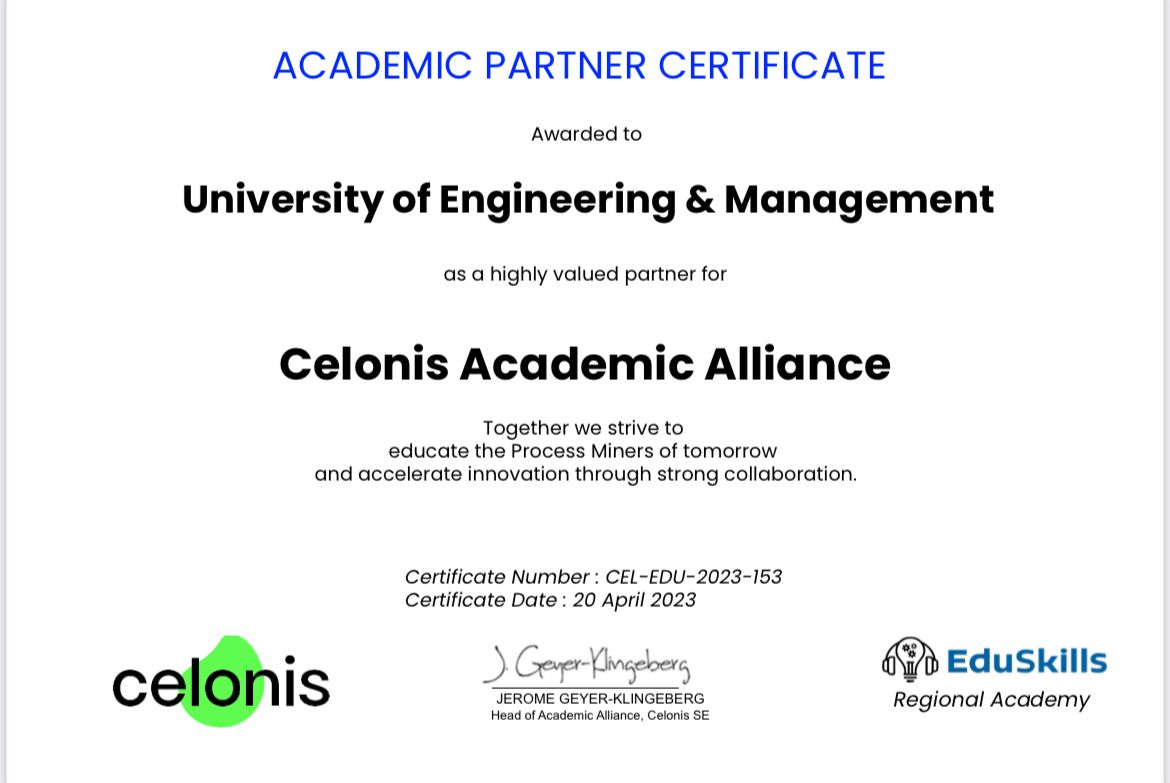 University of Engineering & Management (UEM) Jaipur has been awarded with the ACADEMIC PARTNER CERTIFICATE for being the highly valued partner for CELONIS ACADEMIC ALLIANCE program by CELONIS in association with EduSkills.