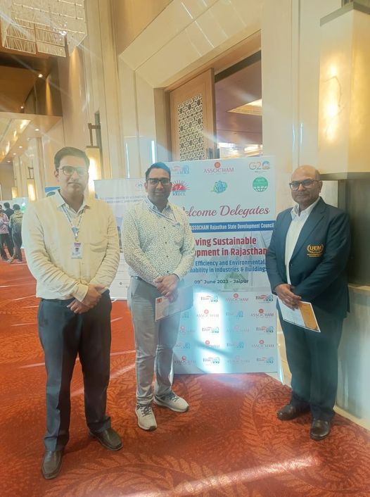Prof. Dr. Pradeep Kumar Sharma - Registrar, Prof. Dr. Ankit Kumar Sharma - HOD EE and Prof. Dr. Anurag Hamilton - Professor ME represented the University of Engineering & Management (UEM), JAIPUR in the Conference on “Driving Sustainable Development in Rajasthan: Energy Efficiency and Environmental Sustainability in Industries and Buildings, organized by the ASSOCHAM Rajasthan State Development Council in Hotel Radisson Blu, Tonk Road, Jaipur on 9th June 2023 (Friday).