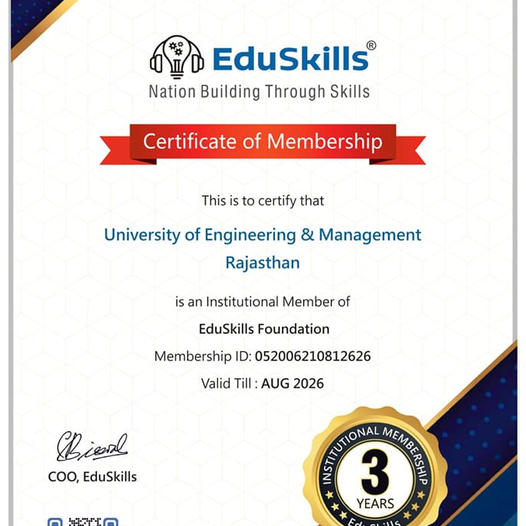 University of Engineering & Management (UEM) JAIPUR is a member of EduSkills Foundation for the next 3 years.