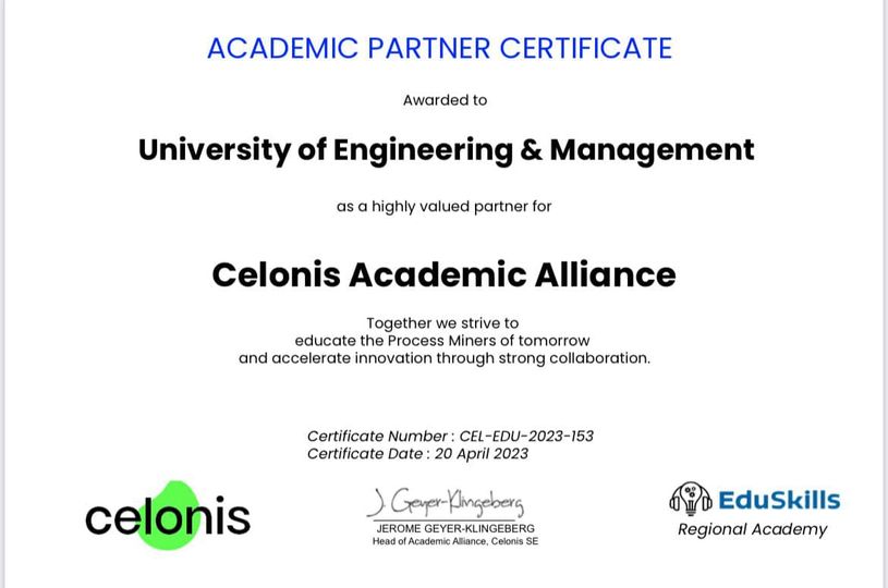 University of Engineering & Management (UEM) JAIPUR has been awarded with the ACADEMIC PARTNER CERTIFICATE for being the highly valued partner for CELONIS ACADEMIC ALLIANCE program by CELONIS in association with EduSkills
