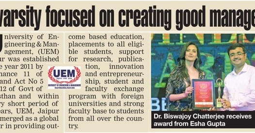 An article published in today's edition (24th May, 2023) of "Times of India" newspaper, where Vice-Chancellor, University of Engineering & Management (UEM), JAIPUR, Prof. Dr.Biswajoy Chatterjee is receiving the Times Business Award for the Best University.