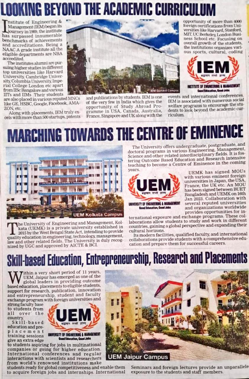 Congratulations to all family members of IEM-UEM Group  Times Engineering Ranking 2023  Top 170 - Govt and Private - All India Ranking IEM Kolkata Rank 7 UEM Jaipur Rank 29 UEM Kolkata Rank 45