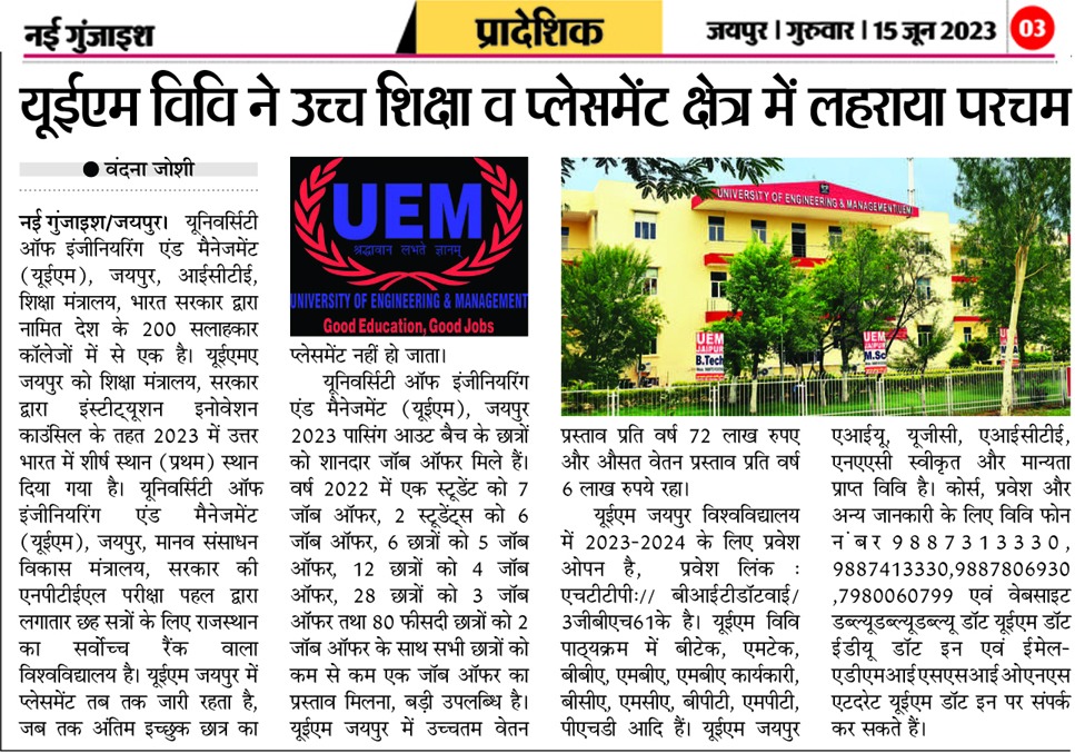 An interview of Prof. Dr. Biswajoy Chatterjee, Vice-Chancellor, University of Engineering & Management (UEM), JAIPUR and Prof. Dr. Pradeep Kumar Sharma, Registrar, University of Engineering & Management (UEM), JAIPUR in front of media houses regarding the journey and growth of UEM JAIPUR, have been published in all leading newspapers of Rajasthan.