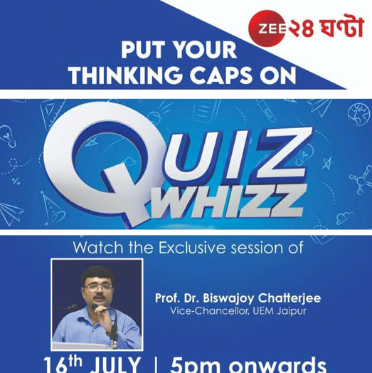 Prof. Dr. Biswajoy Chatterjee, Vice-Chancellor, UEM JAIPUR will be taking a puzzle session with the students today, 16th July, 2023, Sunday, 5 PM at Zee 24 Ghanta. It will be a learning session alongside puzzle solving. Please do WATCH.