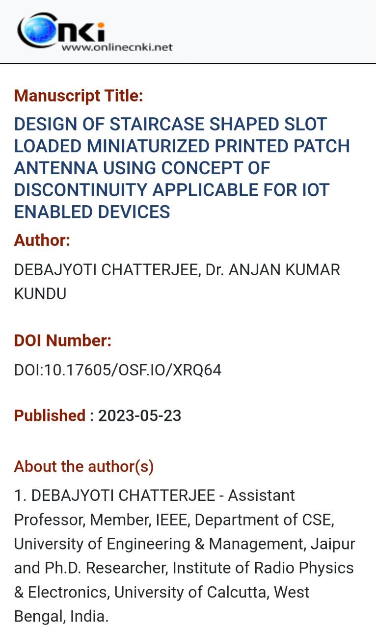 Prof. Debajyoti Chatterjee, Department of Computer Science & Engineering ,UEM Jaipur has published his research paper in Journal of Jilin University (Engineering and Technology edition)--- A scopus indexed Q2 journal, funded by Govt. Of China.