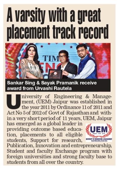 University of Engineering & Management (UEM), JAIPUR received the Times Icon Award from The Times of India on 22nd June, 2023, as "Outstanding College".