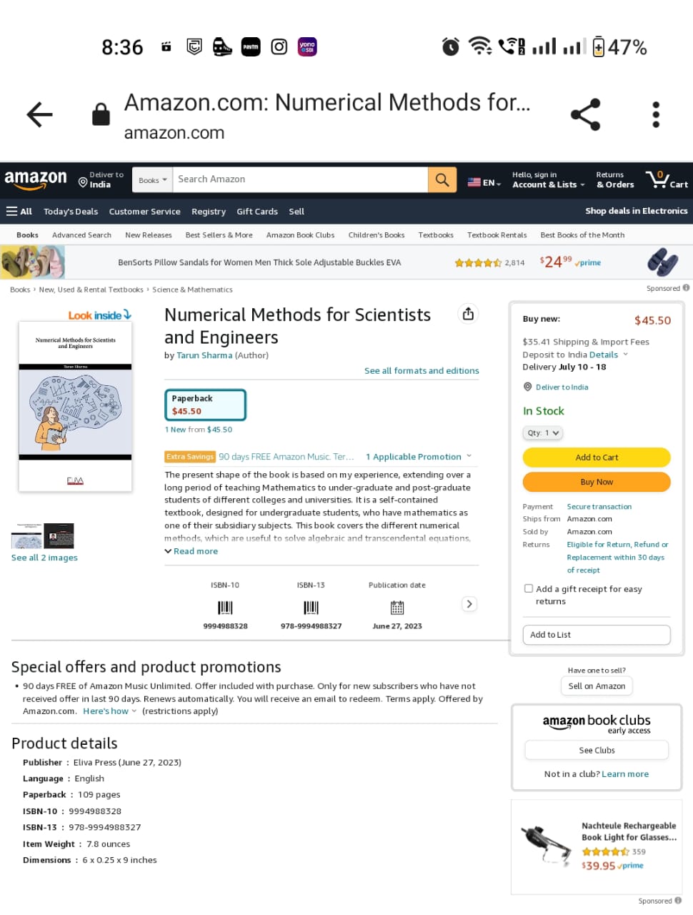 Next book of Prof. Dr. Tarun Sharma, University of Engineering & Management (UEM), JAIPUR titled "Numerical Methods for Scientists and Engineers (ISBN : 999-4988328)" has been published by Eliva Press Publication (Republic of Moldova , Europe). This book is useful for UG & PG students and equally important for state and national level service examinations. It is available in Amazon.