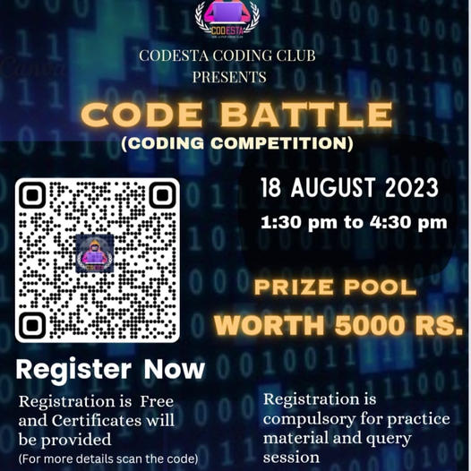 Codesta Coding Club of the University of Engineering & Management (UEM), JAIPUR, in association with IIC, and ACM Student Chapter UEMJ, is organizing a Coding competition.