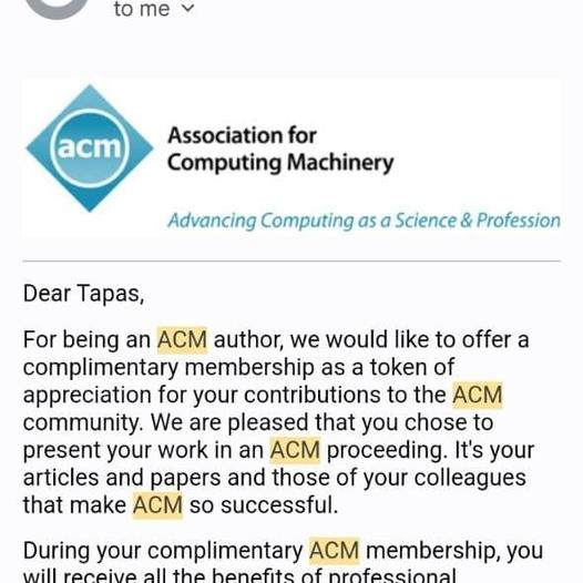 Dr. Tapas Si, University of Engineering & Management (UEM), JAIPUR has been offered complimentary membership to Association for Computing Machinery (ACM, USA), as a token of appreciation for his contributions to ACM community.