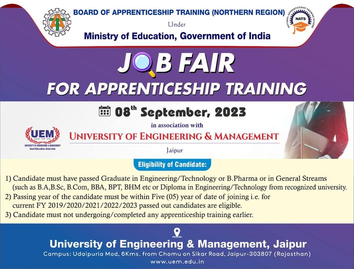 Only few days to go for one of the biggest Placements (Job) opportunity of the country JOB FAIR FOR APPRENTICESHIP TRAINING 2023 (रोजगार शिविर) at Jaipur in association with Board of Apprenticeship Training (Northern Region), Ministry of Education, Government of India