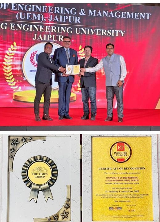 University of Engineering & Management (UEM), JAIPUR has been awarded the "Leading University in Jaipur" under ET Industry Leaders recognition by The Economic Times.