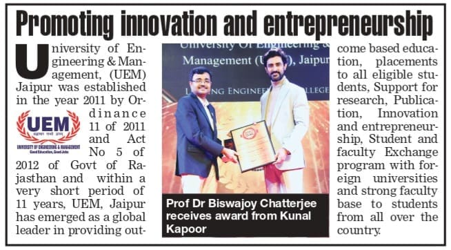 University of Engineering & Management (UEM), JAIPUR received the Times Icon Award from The Times of India, as the Leading Engineering College.