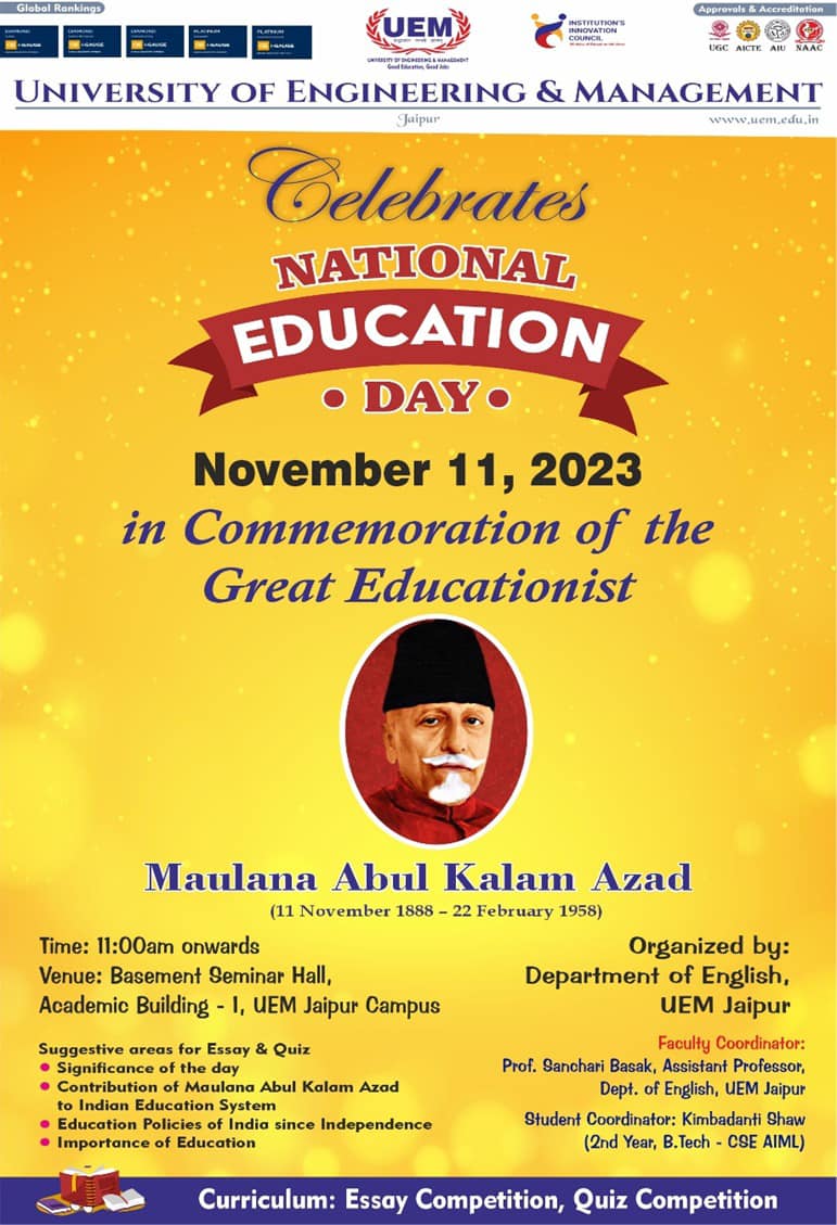 University of Engineering and Management, Jaipur organized an essay writing competition in association of IIC on 11th November 2023 to celebrate the National Education Day.