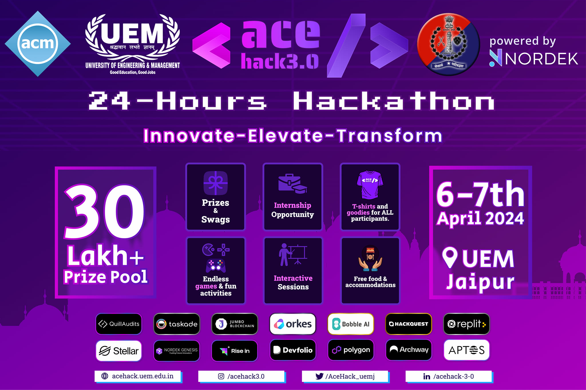 University of Engineering and Management Jaipur ACM Student Chapter in Association with Rajasthan Police Cyber Cell hosts the National Level hackathon.