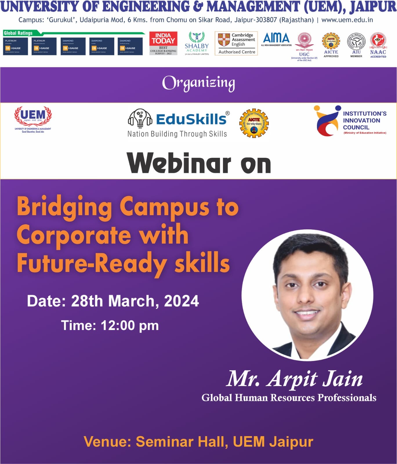 Institute Innovation Council (IIC), UEM Jaipur conducted a webinar as a part of Education Transformation Initiative of AICTE.