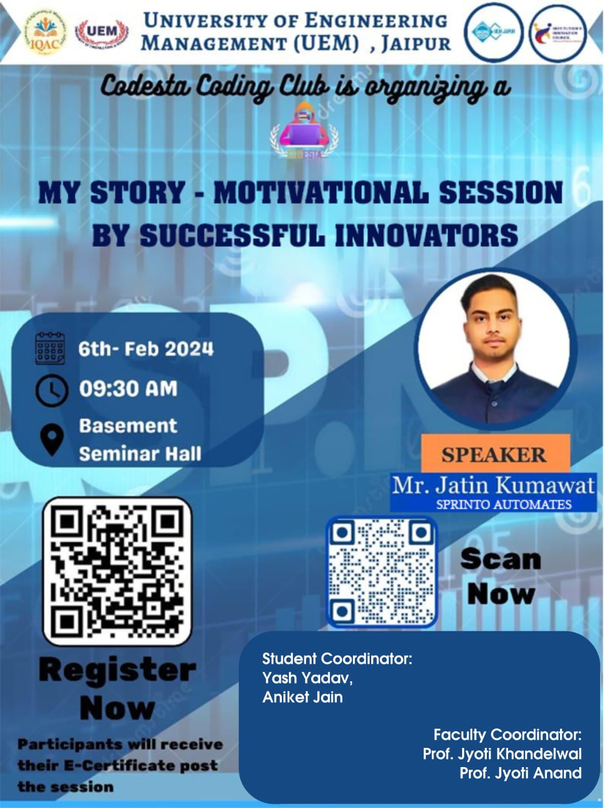 The Department of Computer Science Engineering, University of Engineering and Management, Jaipur, in collaboration with IIC, IQAC, and the ACM Student Chapter.