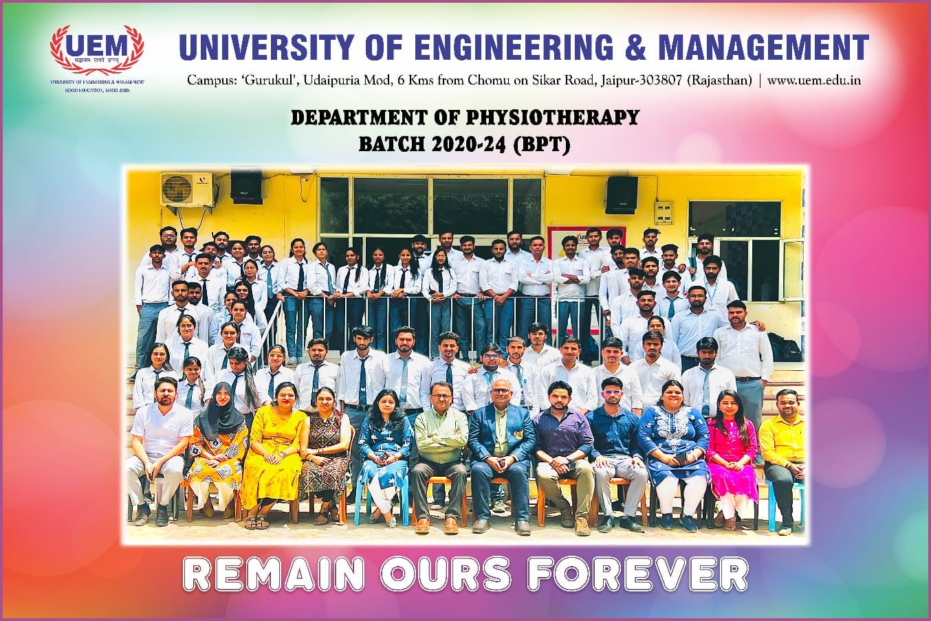 The Department of Physiotherapy, University of Engineering and Management Jaipur has organised Farewell for Students of BPT 2024 Batch.