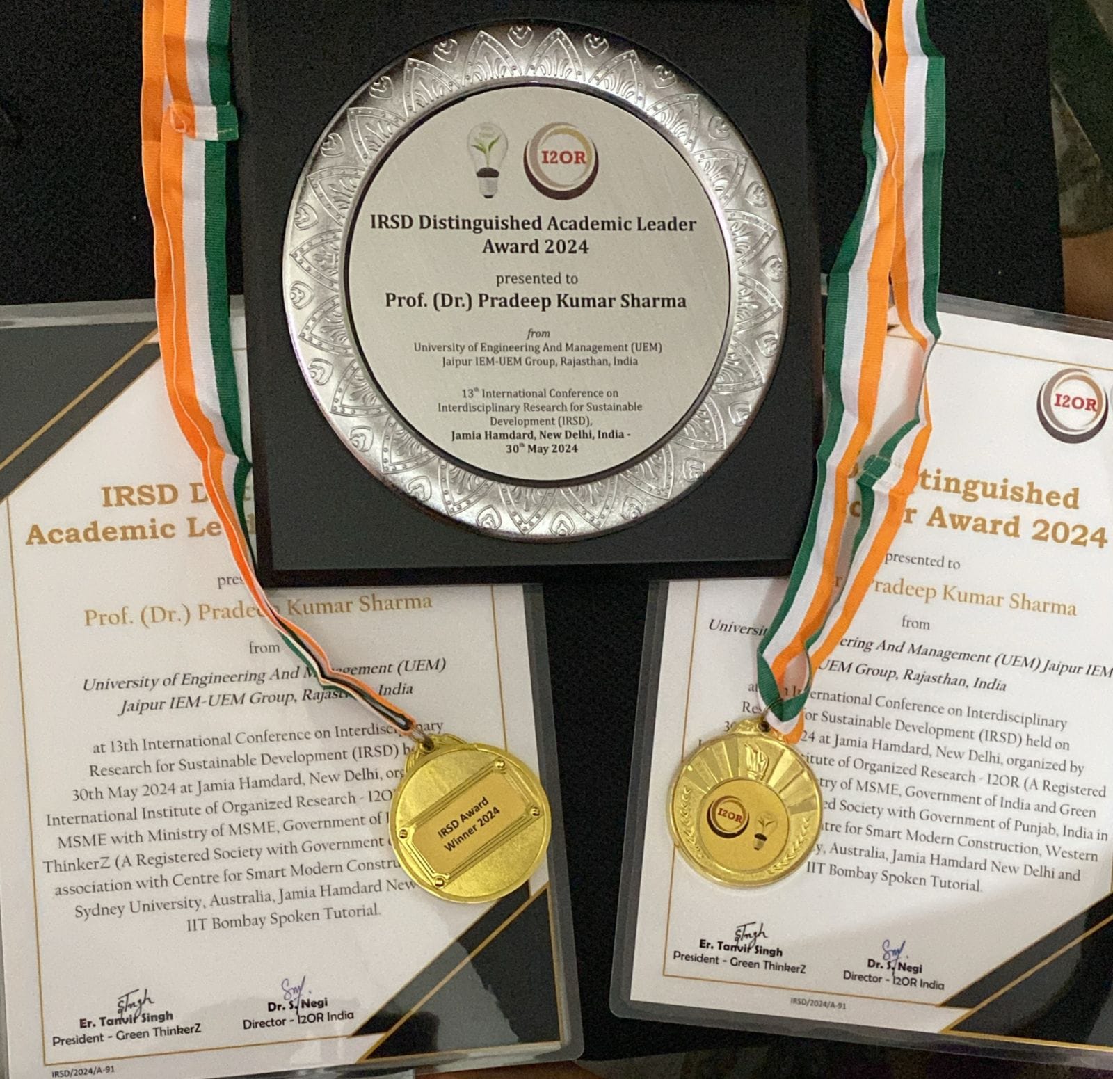 Prof. (Dr.) Pradeep Kumar Sharma, Registrar and Provost, UEM Jaipur has been conferred with most prestigious IRSD Distinguished Academic Leader Award 2024 and IRSD Distinguished Researcher Award 2024.