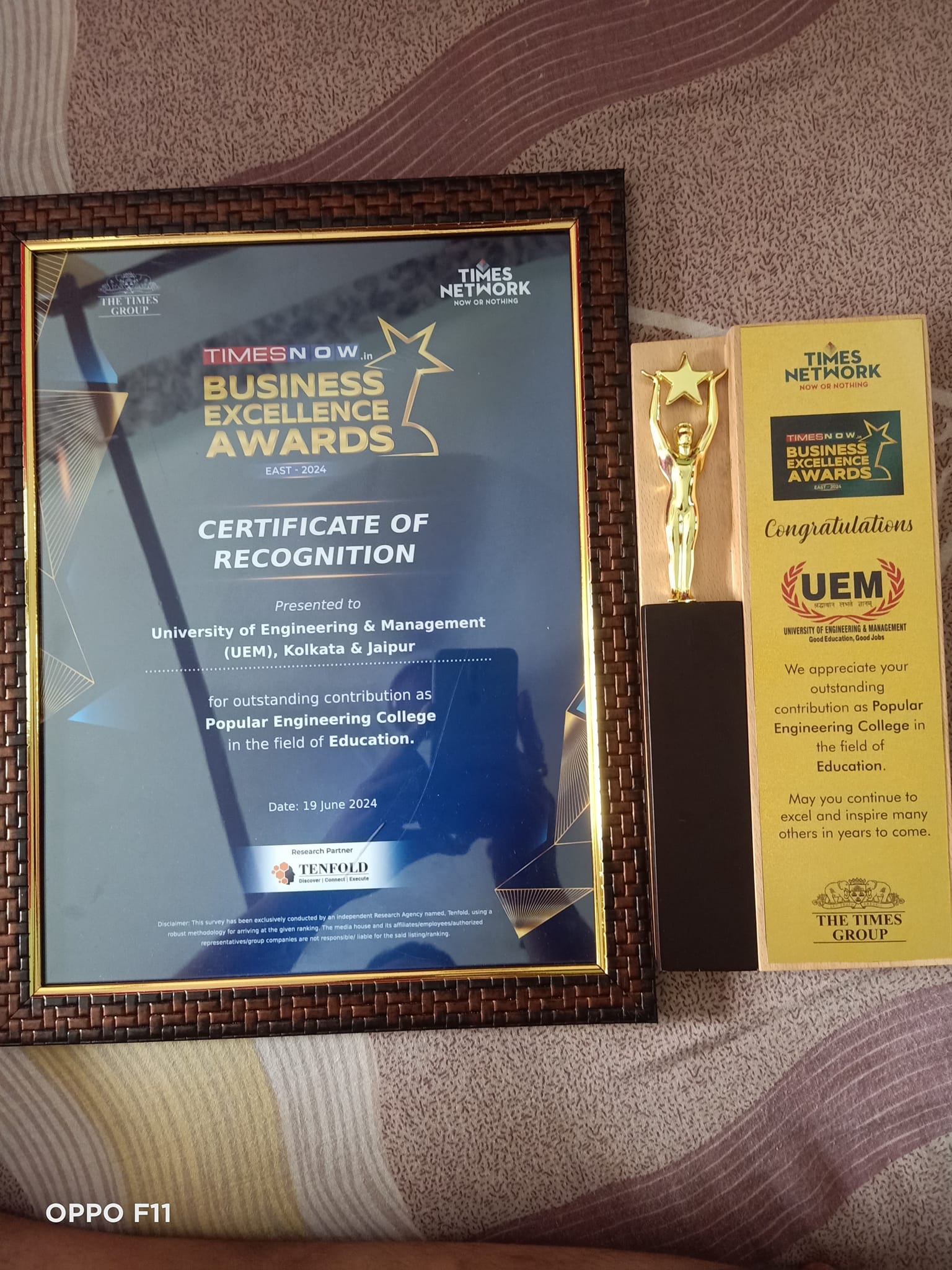 Award and Certificate of Recognition Given by Times Now to UEM