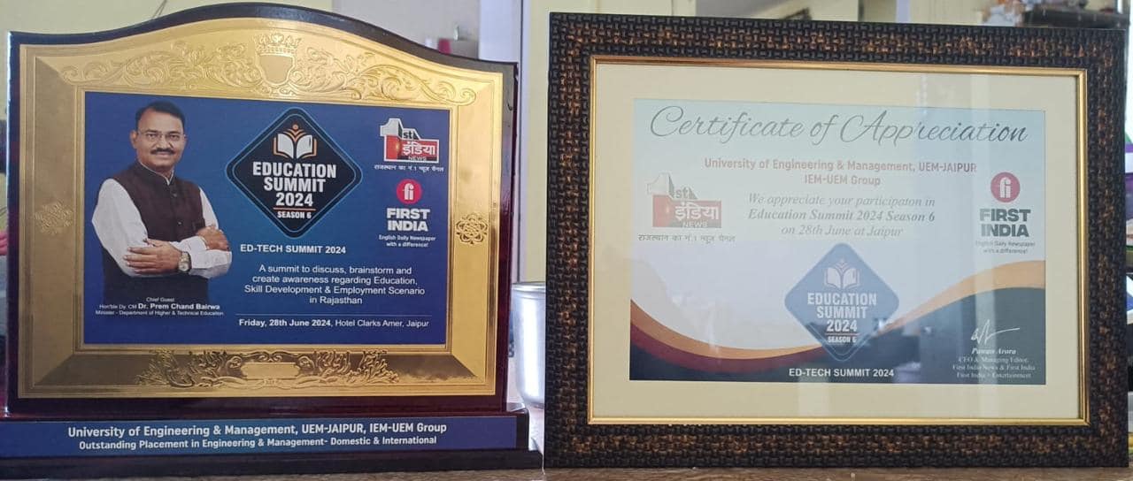 University of Engineering and Management UEM Jaipur has received the prestigious award for being UNIVERSITY WITH BEST PLACEMENTS.