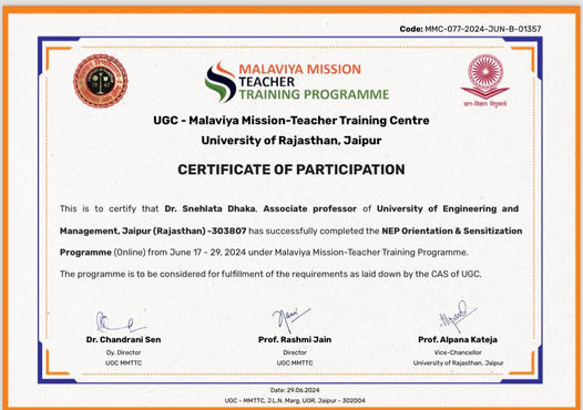 Dr Snehlata Dhaka, Associate Professor, Department of English has successfully completed the NEP Orientation & Sensitisation.