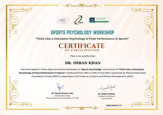 Dr. Imran Khan from the Department of Physiotherapy successfully completed a three-day workshop on sports psychology with the theme "Think Psychology of Peak Performance in Sports."