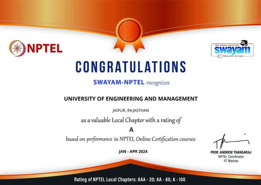 We feel very happy to inform you all, that the University of Engineering & Management (UEM), Jaipur has now stood in the 1st position in Jaipur in the NPTEL examination.