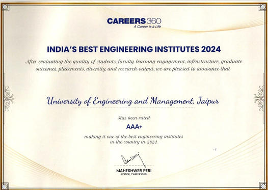 University of Engineering and Management (UEM) Jaipur has been rated as AAA+ by Career360.