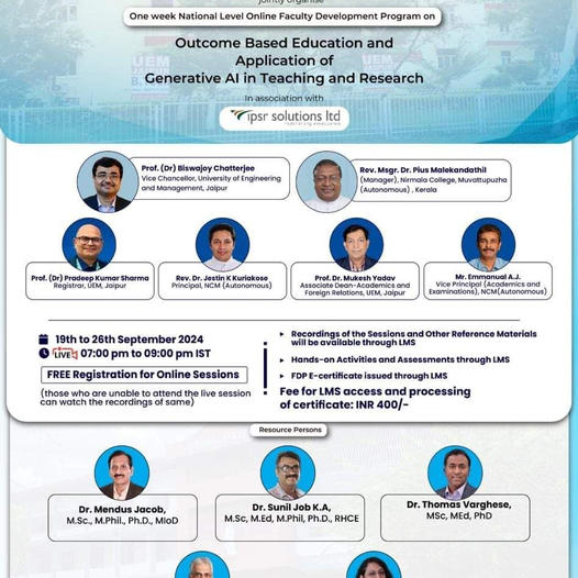 Faculty Development Workshop (FDP) on Outcome-Based Education and the Application of Generative AI in Teaching & Research.