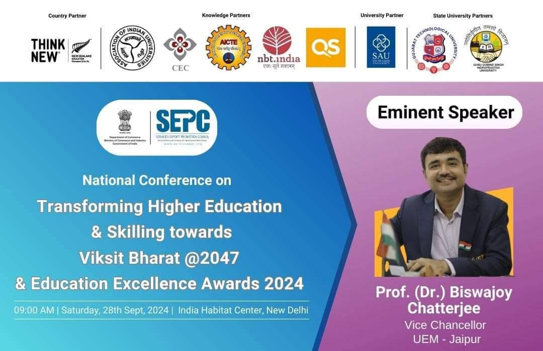Dr. Biswajoy Chatterjee, Vice-Chancellor at the University of Engineering and Management, Jaipur, was invited to be a keynote speaker at the National Conference on Transforming Higher Education & Skilling towards Vikshit Bharat 2047.