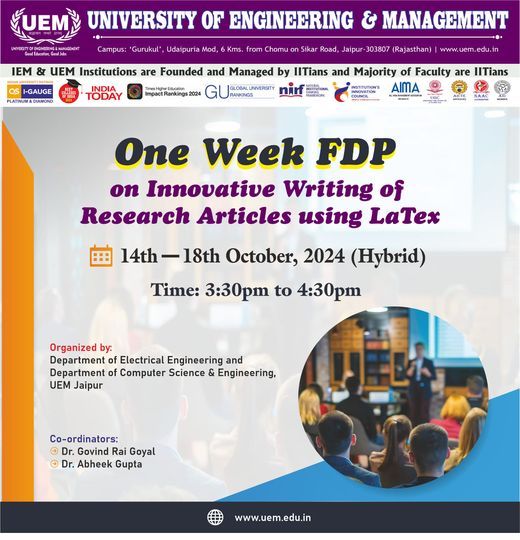 Department of Computer Science & Engineering at UEM Jaipur are collaborating to organize a one-week Faculty Development Program.